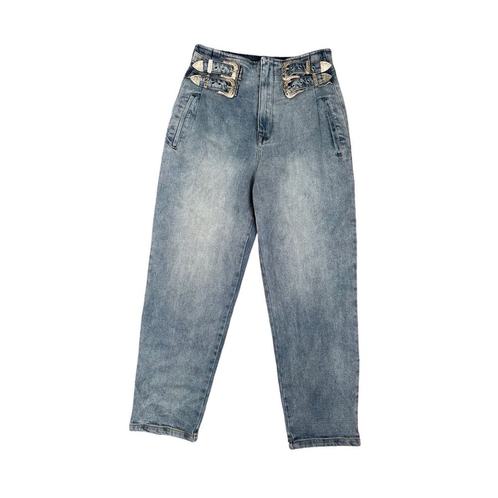 Signature8 Tapered Mom Jeans Y2K Western Etched Silver Buckles Size S High Rise